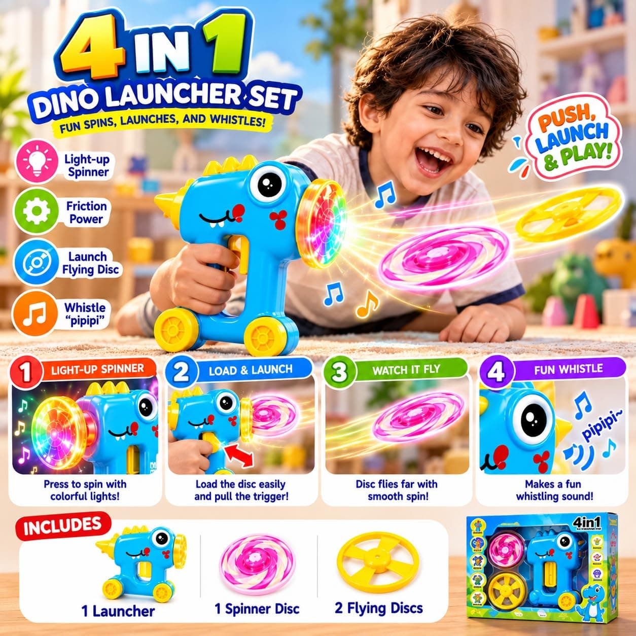 4-in-1 Dinosaur Launcher Toy with Flying Discs & Spinner | Interactive Toy — view 4