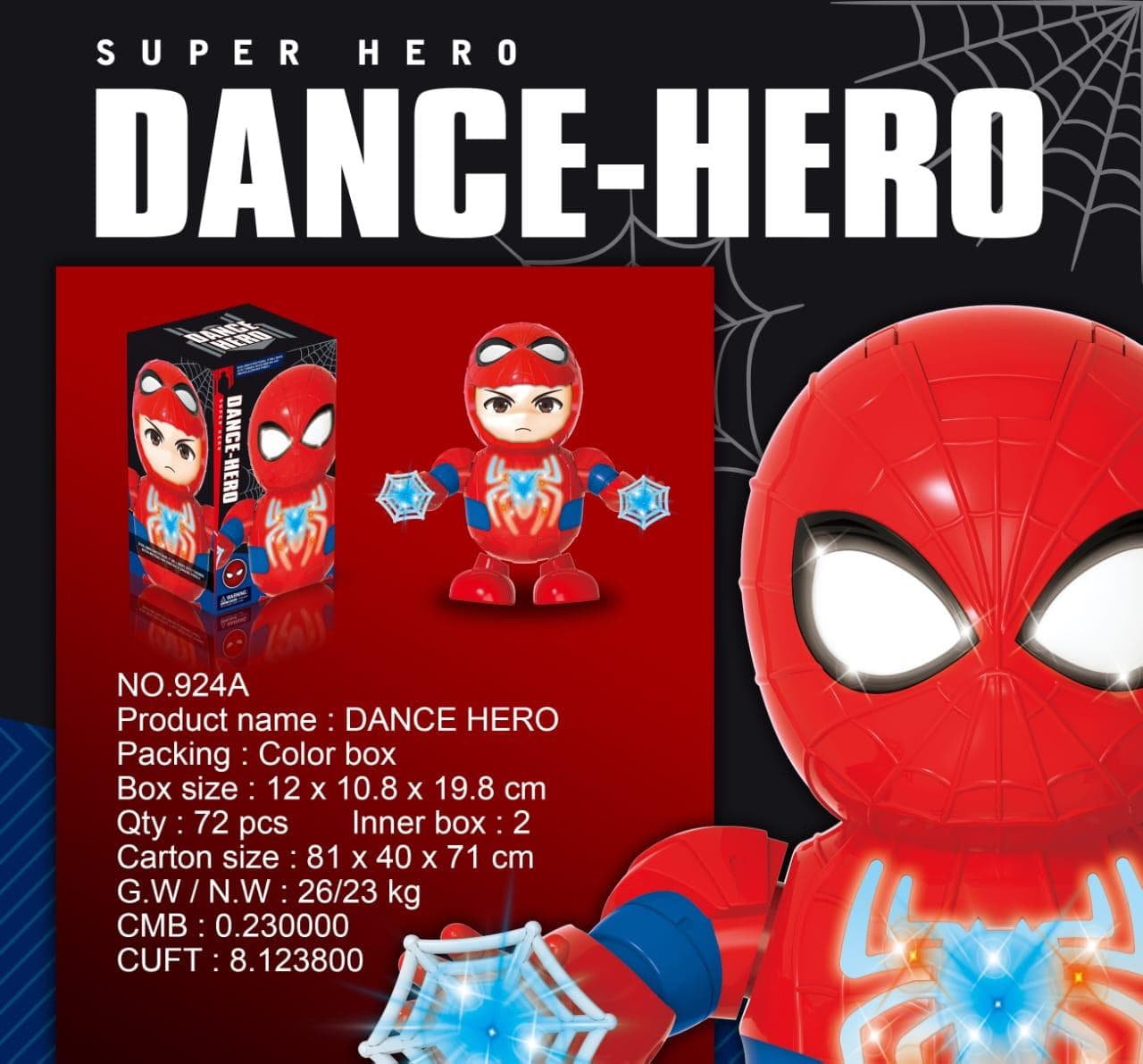 Kidoyz Dancing Spider Man Hero Toy | Dance Hero Superhero Figure with Glowing LED Lights on Chest, Eyes & Hands | Gift for Kids — view 2