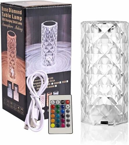Kidoyz Rose Diamond Crystal Table Lamp | Touch Control Rechargeable Night Lamp with Remote & USB Cable | 16 Colours