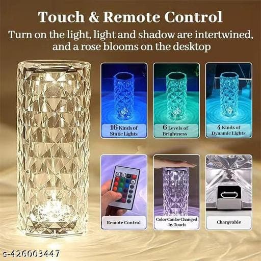 Kidoyz Rose Diamond Crystal Table Lamp | Touch Control Rechargeable Night Lamp with Remote & USB Cable | 16 Colours — view 2