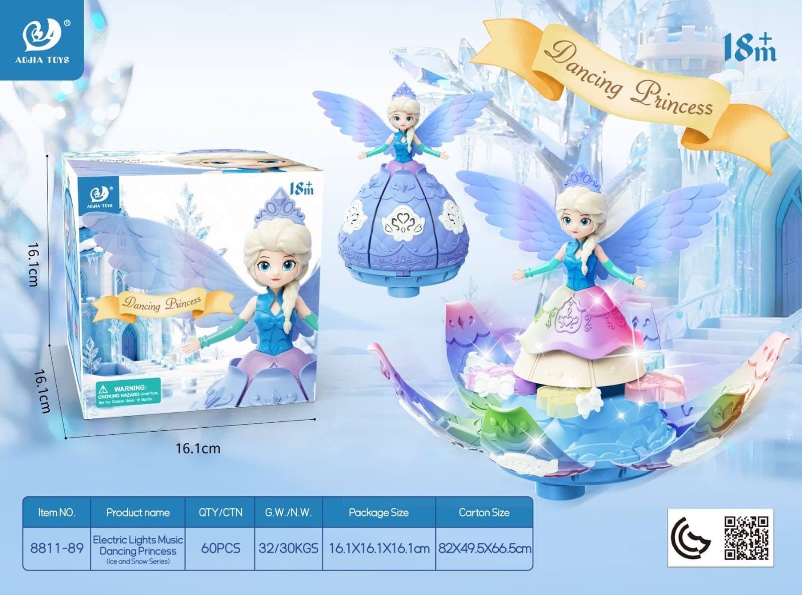 Kidoyz Dancing Princess Doll | Ice & Snow Series Blue Princess with Lights, Music & Spinning Dance | Musical Toy for Girls | 18 Months+