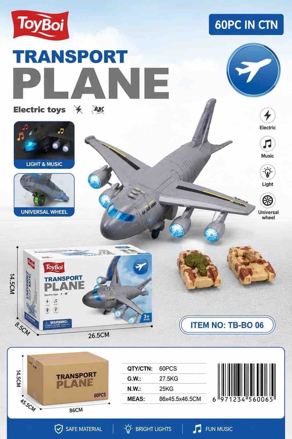 Kidoyz Electric Transport Plane Toy | Cargo Plane with Lights & Music | Universal Wheel Bump & Go Toy