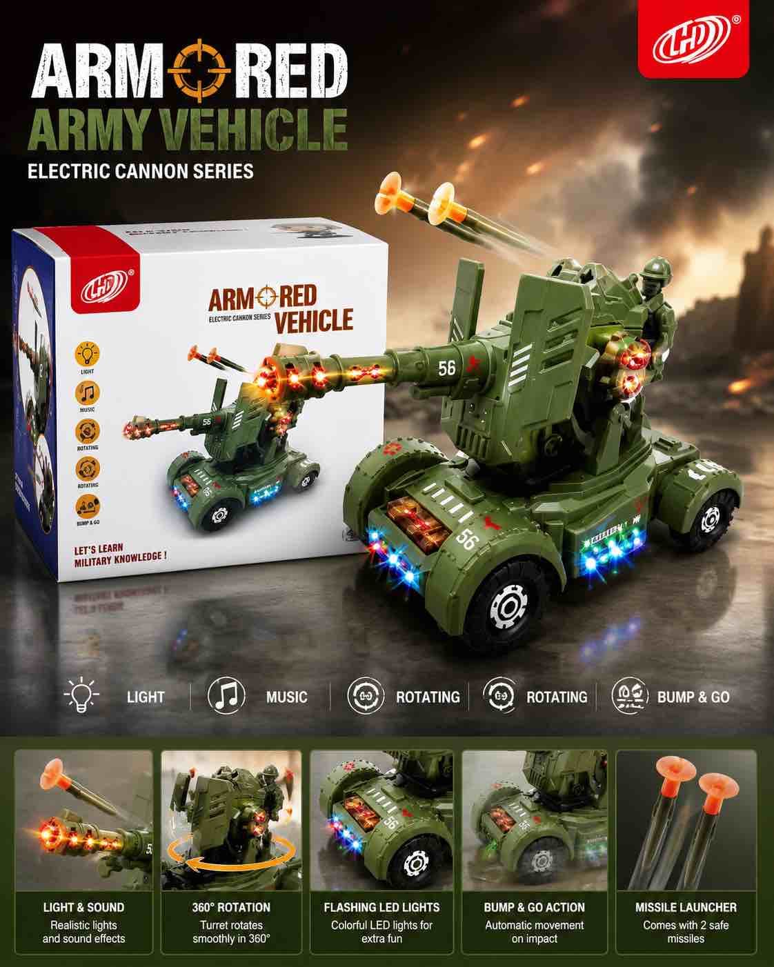 Kidoyz Armored Army Vehicle Toy | Electric Cannon Tank with Lights, Music, Rotating Turret & Missile Launcher — view 2