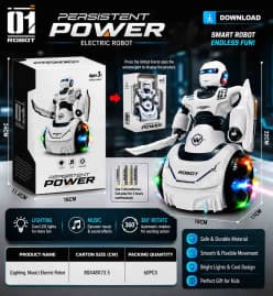 Kidoyz Electric Robot Toy | Persistent Power Robot with 360° Rotation, Lights & Music | Ages 3+