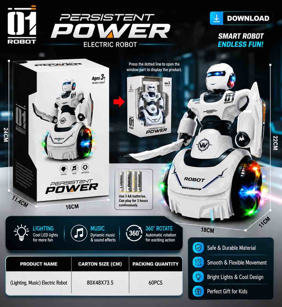 Kidoyz Electric Robot Toy | Persistent Power Robot with 360° Rotation, Lights & Music | Ages 3+
