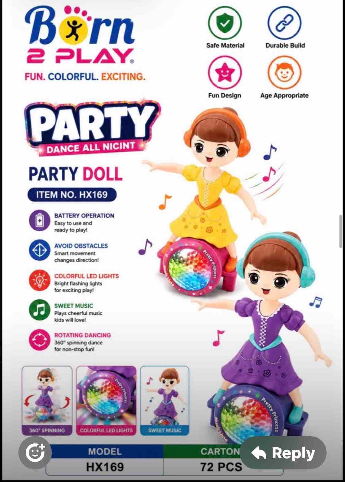 Kidoyz Party Doll Dancing Toy | Doll with 360° Spin, Colourful LED Lights & Sweet Music | Obstacle-Avoiding | Color As Per Stock