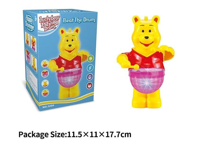 Kidoyz Lucky Bear Playing Drum Toy | Rotating Yellow Bear That Beats the Drum with Lights & Music — view 2