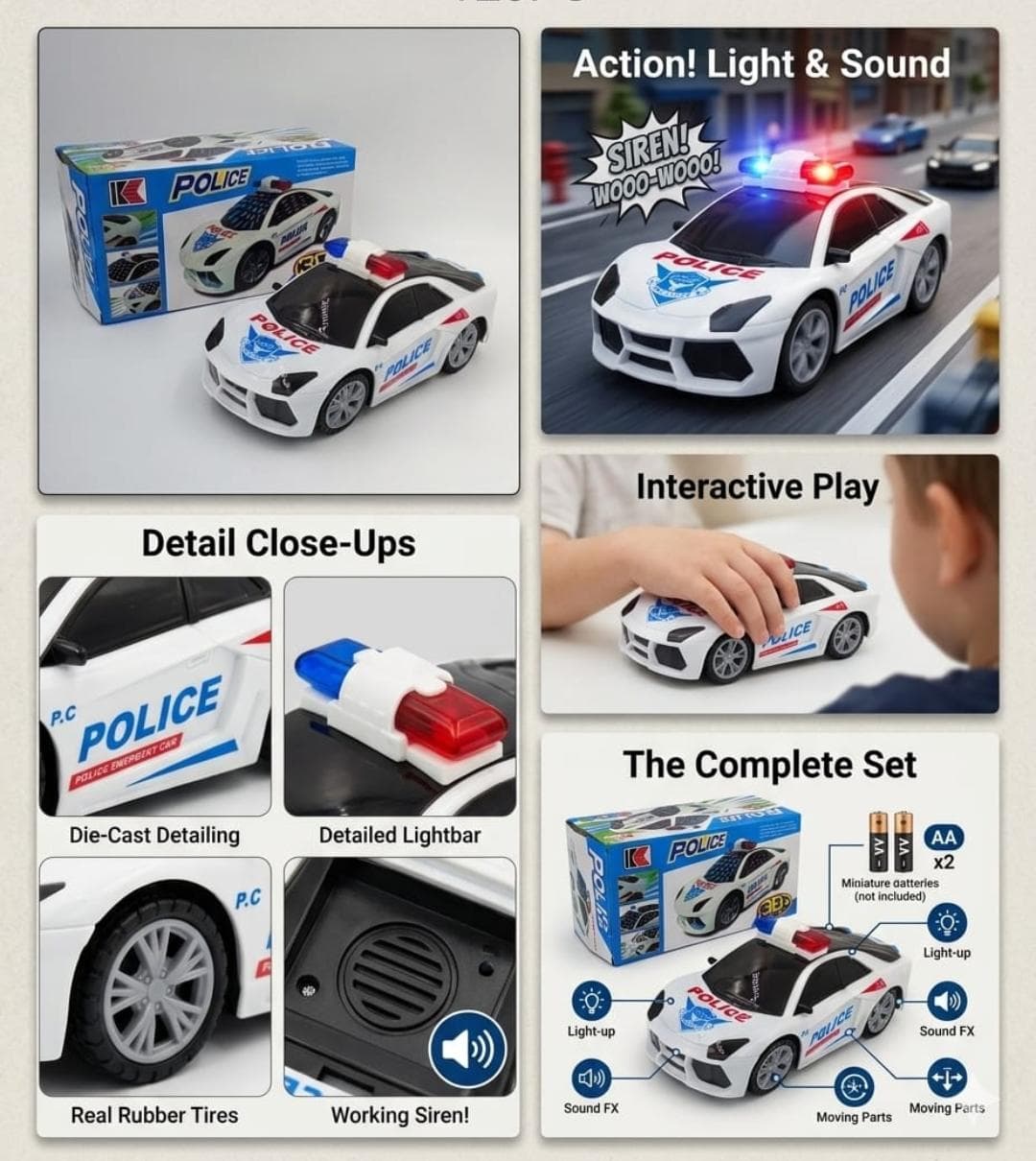 Kidoyz Police Car Toy with Working Siren, Lights & Sound | Die-Cast Detailing with Real Rubber Tires — view 2
