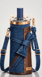 YANIS3 Luxury Denim Bow Insulated Stainless Steel Tumbler with Crossbody Strap