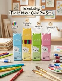 12 Water Colour Pen Set | Cute Cat Case | Child-Safe Colouring Pens | Ages 3+ | Color as per Stock dispatched