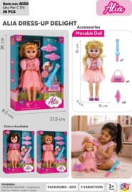 Alia Dress-Up Delight Doll with Handbag & Accessories | 35 cm Movable Doll | Ages 3+ | Color as per Stock dispatched