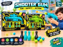 Ping Pong Ball Shooter Gun with Bowling Pins | Toy Ball Gun Set of 7 Pcs | Ages 5+ | Color as per Stock dispatched
