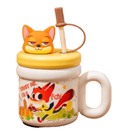Cute Character Ceramic Mug with Lid & Straw | Zootopia & Stitch Designs | Color as per Stock dispatched | Pack of 1 Pc