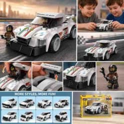 LEGO Style - White Drift Sports Car Building Blocks Set With Driver Figure | Multi-Model Racing Car Brick Kit | STEM Construction Toy For Kids
