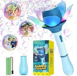 Lotus Bubble Wand Machine With 10 Holes, Lights & Bubble Water | USB Rechargeable | Blue & Pink | Color As Per Stock | Ages 3+
