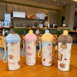 Ice Cream Cap Steel Sipper Water Bottle With Silicone Loop | Cute Dessert Print Bottle For Kids | Color As Per Stock | 1 Pcs