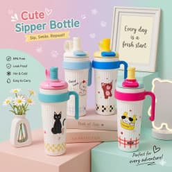 Cute Sipper Bottle With Handle, Straw Lid & Cute Prints | BPA Free Leak Proof Hot & Cold Kids Water Bottle | Color As Per Stock | 1 Pcs