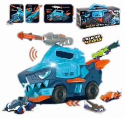 Shark Transport Truck Toy With 4 Cars & Dart Shooter | Shark Attack Car Carrier Truck For Kids