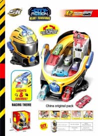 DIY Transforming Helmet To Car Parking Set With 2 Die-Cast Cars | Racing Theme Racer Track Playset With Lights & Sounds | Premium Box