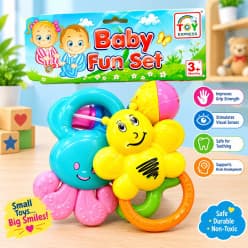 Baby Fun Set Rattles 4 Pcs | Colourful Baby Rattle & Teether Set for 3 Months+