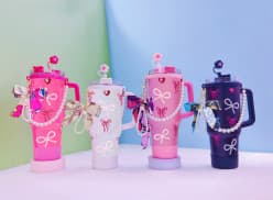 Bow Charm Big Tumbler with Handle, Straw & Pearl Chain Accessories | 1200 ml | Random Design as per Stock Dispatched | Pack of 1 Pc