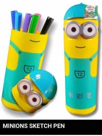 Cute Yellow Character Pen Holder with Sketch Pens Set | Kids Colouring Marker Pens Gift Set | Random Color as per Stock Dispatched | Pack of 1 Set