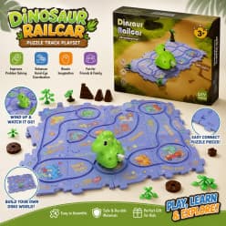 Dinosaur Rail Car Puzzle Track Playset | DIY Wind-Up Dino Car Track Building Set for Kids | Pack of 1 Set