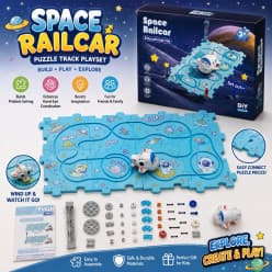 Space Rail Car Puzzle Track Playset | DIY Wind-Up Space Car Track Building Set for Kids | Pack of 1 Set