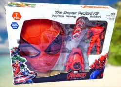Spider-Man Mask & Wrist Disc Launcher 7 Pcs Superhero Role Play Kit | Avengers Hero Costume Set with Figure | Pack of 1 Set