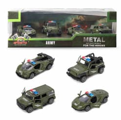 Set of 4 Metal Die-Cast Army Cars | Military Green Pull-Back Models With Opening Doors & Light Bars | Hero Series Gift Box