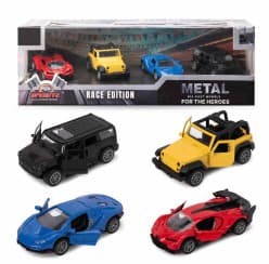 Set of 4 Metal Die-Cast Race Edition Cars | Sports Car, Open Jeep-Style & SUV Models With Opening Doors | Hero Series Gift Box