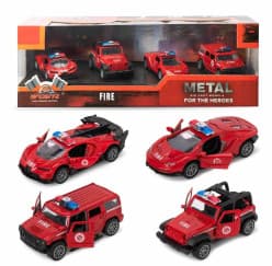 Set of 4 Metal Die-Cast Fire Rescue Cars | Red Pull-Back Models With Opening Doors & Light Bars | Hero Series Gift Box