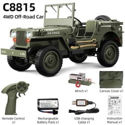 JJRC 1:10 4WD Willys Military Jeep RC With Winch & Canvas Cover | Remote Control Toy For Kids & Hobbyists