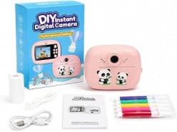 DIY Instant Digital Camera For Kids With Colour Print | Panda & Dino Print Camera With Coloured Pens & Paper Roll | USB Rechargeable | Design As Per Stock