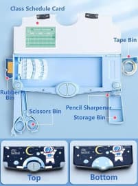 Multi-Function Pencil Box With Sharpener, Scissors, Tape & Rubber Bins, Class Schedule Card | Two-Sided Space Design Geometry Box For School Kids