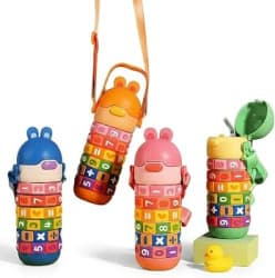 Kids Steel Water Bottle With Number Learning Dials, Straw Lid & Shoulder Strap | Maths Learning Sipper Bottle | Color As Per Stock | 1 Pcs