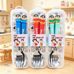 Shinchan Stainless Steel Fork & Spoon Set for Kids with Travel Case | Color as per Stock dispatched | Pack of 1 Pc