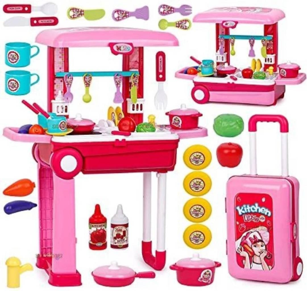 2 in1 Little Chef Trolley Kitchen Play Toy Set for Girls with Music & Light