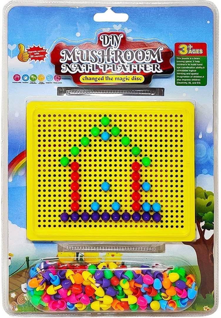 DIY Mushroom Nail Platter Pegboard Game for Kids | Knobs & Block Jigsaw Puzzle | Pack of 200+ Plastic Nails Block