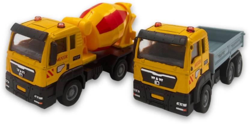 Kidoyz Die Cast Construction Vehicle Set of 2 Pull Back Truck with Light & Sound Toy  (Multicolor, Pack of: 3)