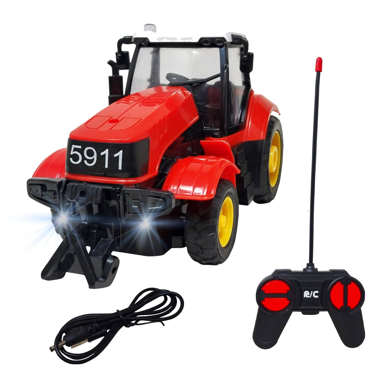 Rechargeable 4 Function Remote Control Farmer Tractor with 1 Remote and 1 Charging Cable - Red