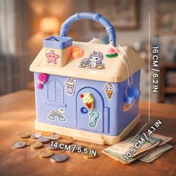 Kids Piggy Bank with Key and Stickers Mini House Design Lockable Money Bank Portable Money Saving Box for Children Cute Design - Multi Color