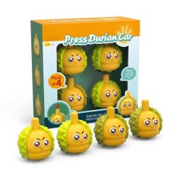 KIDOYZ Press Durian Fruit Car Playset (Pack of 4) – Friction Powered Push & Go Cartoon Expression Vehicle Toys for Toddlers & Kids (Ages 3+)
