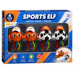 KIDOYZ 4-Piece Sports Elf Inertia Toy Playset – Friction Powered Basketball & Football Cartoon Characters with Flexible Wiggling Tentacles for Toddlers & Kids (Ages 3+)