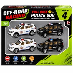 KIDOYZ 1:32 Scale Off-Road Police SUV Playset (Pack of 4) – Pull Back Friction Powered High Performance Police Patrol Cars with Openable Doors for Kids (Ages 3+)
