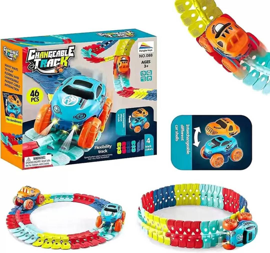 46pcs DIY Changeable Track Racing Car Set With LED Glowing & Flexible Assembled  (Multicolor)