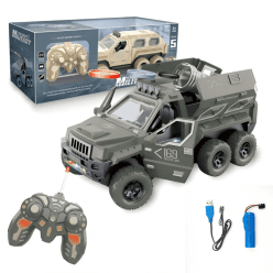 Kidoyz RC UFO Armed Armored Car Toy with Flying Disc Launcher, 6-Wheel Off Road Remote Control Truck with LED Lights, Music, Auto Doors, Kids Military Vehicle
