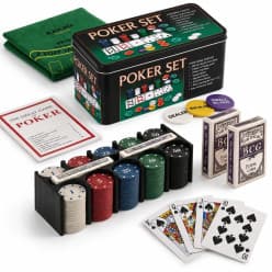 Adult Casino Style Poker Chips Set | 200 Pcs Chips with Tin Case, 2 Decks of Cards, Dealer Button, Big & Small Blind Buttons and 36” x 24” Playing Mat | Classic Multiplayer Poker Game