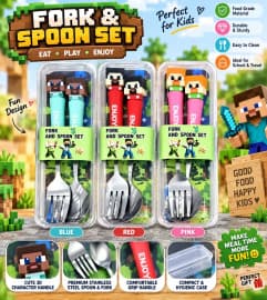 Minecraft Stainless Steel Fork & Spoon Set for Kids with Travel Case | Color as per Stock dispatched | Pack of 1 Pc
