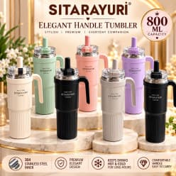Elegant Insulated Tumbler with Handle & Straw | 800 ml | 304 Stainless Steel | Color as per Stock dispatched | Pack of 1 Pc